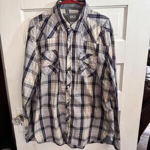 BKE Shirt Mens XL Gray Plaid Pearl Snap Western Long Sleeve Casual Athletic Fit